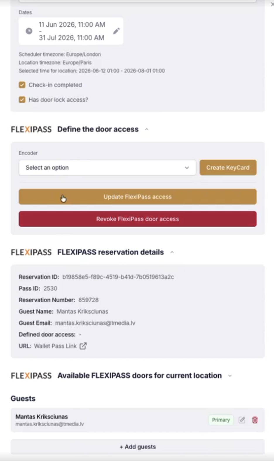 Stay edit — the FLEXIPASS door access section with the Encoder dropdown, Create KeyCard button, and reservation details