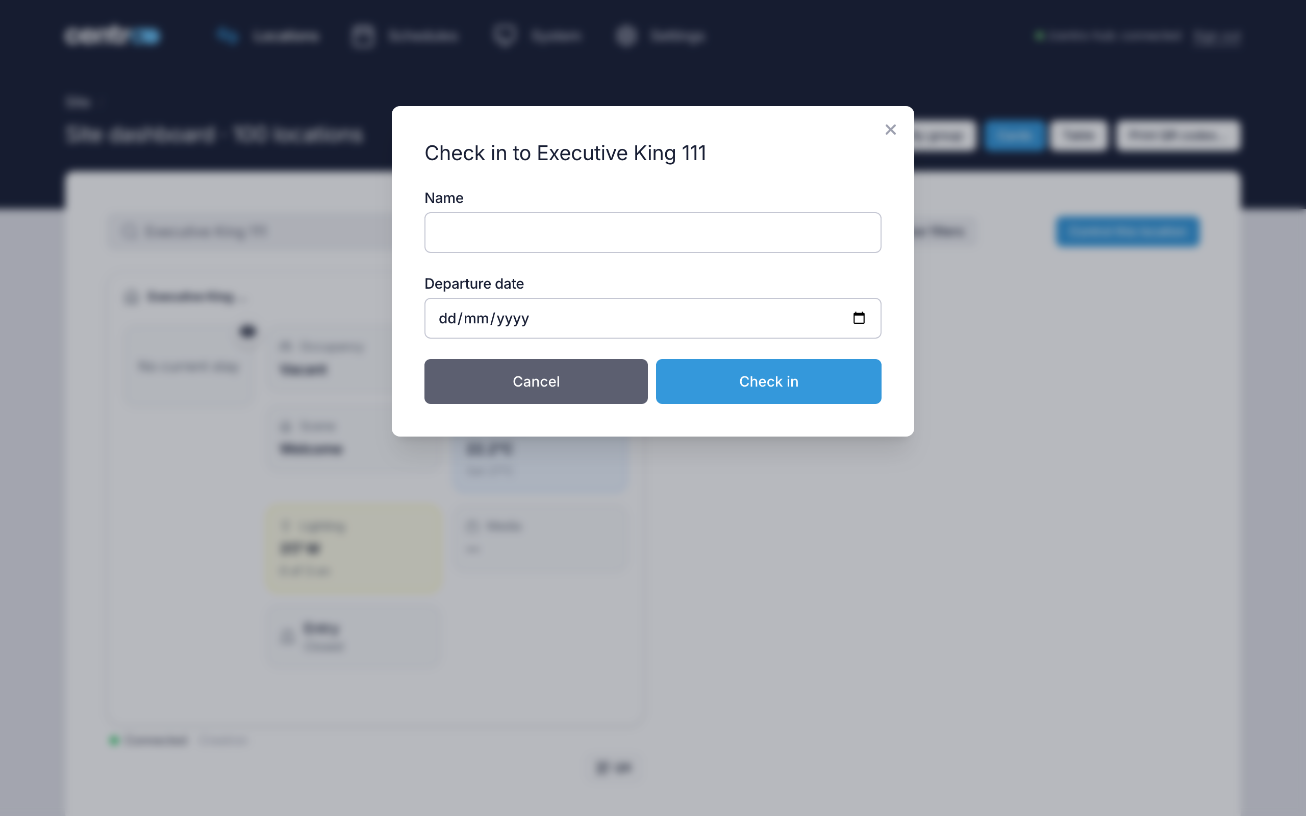 The Check in dialog, with the user's name and the departure date