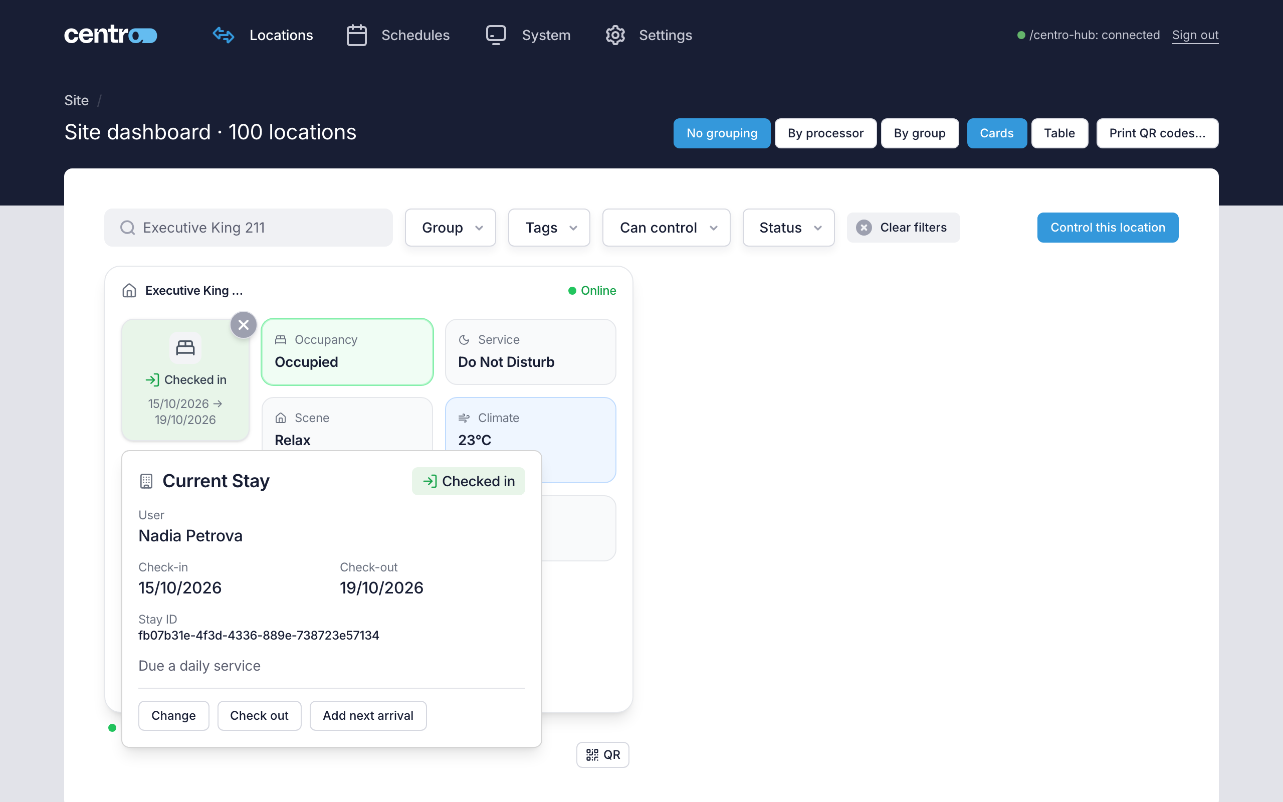The Current Stay pop-up for a checked-in location, with Change, Check out and Add next arrival