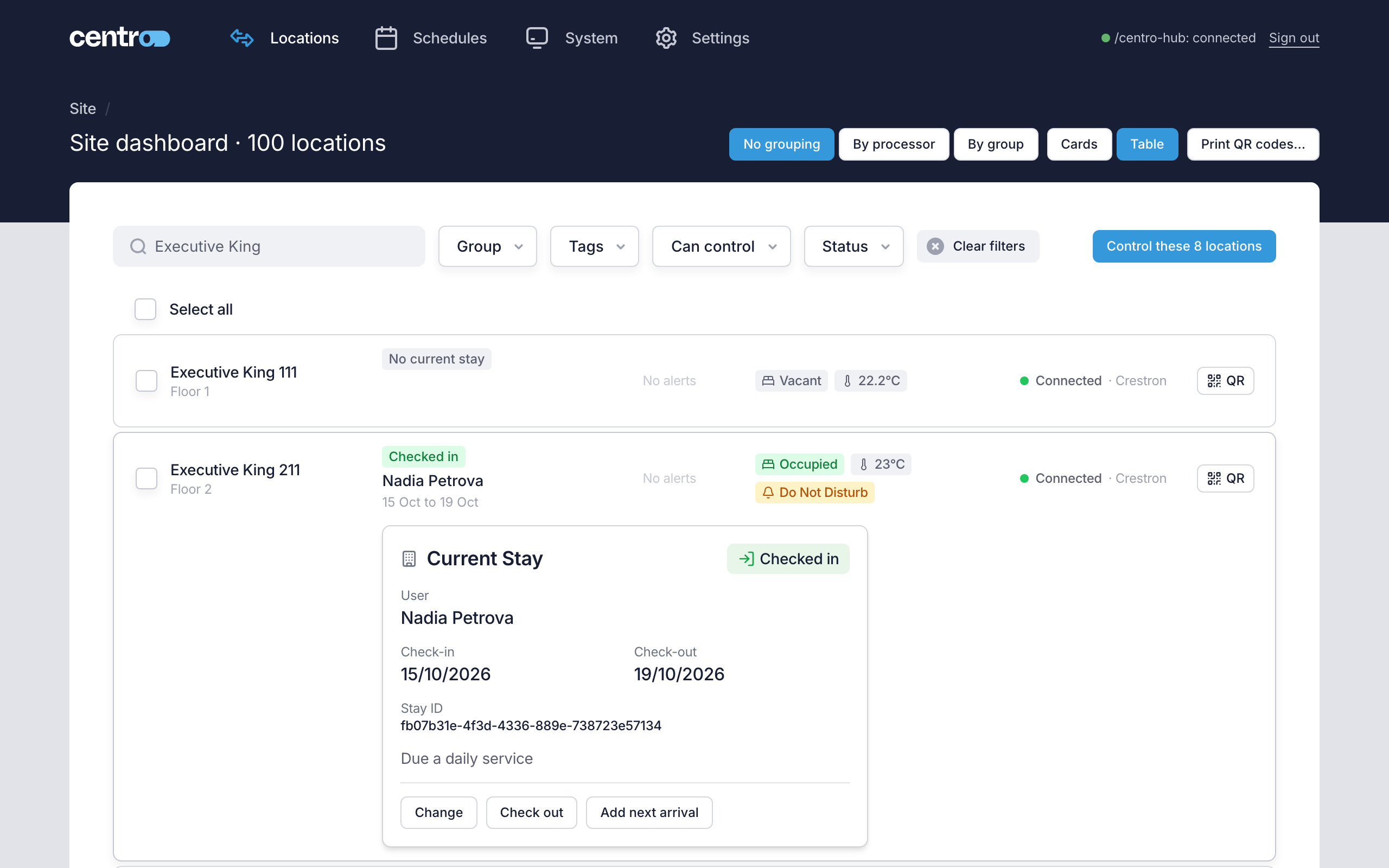 The site dashboard in table view, with the stay column and one row's stay card open