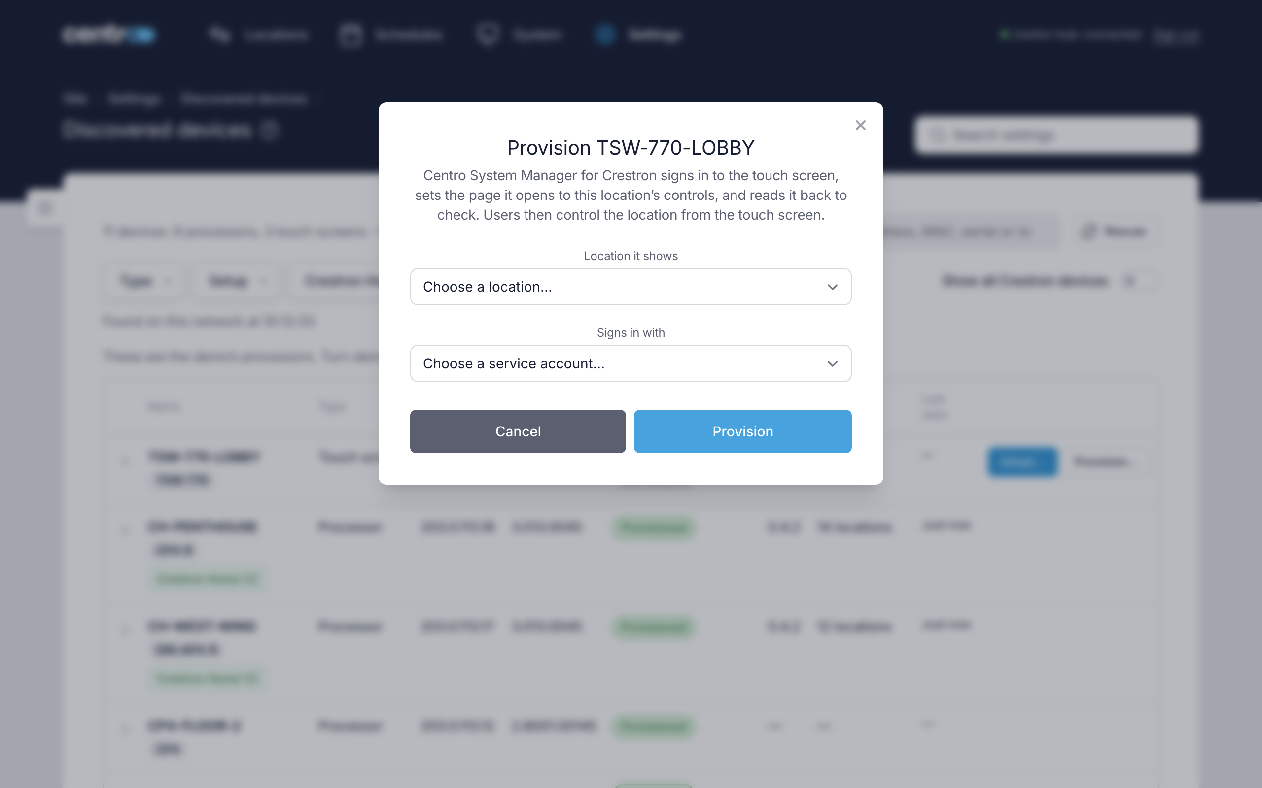 The Provision dialog for a touch screen, with the location it shows and the service account it signs in with