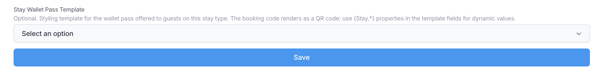 Stay Wallet Pass Template setting on a stay type