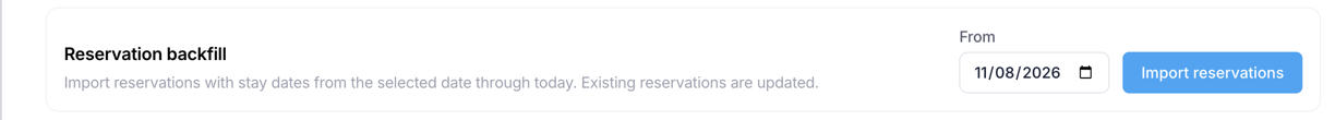 The Reservation backfill panel with a From date and the Import reservations button
