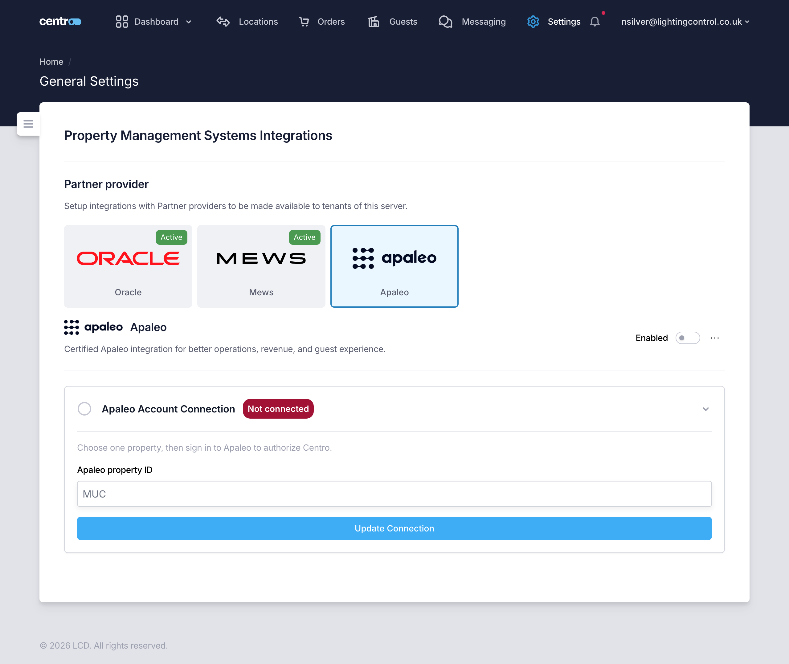 The Apaleo Account Connection panel with the property ID field and Update Connection button