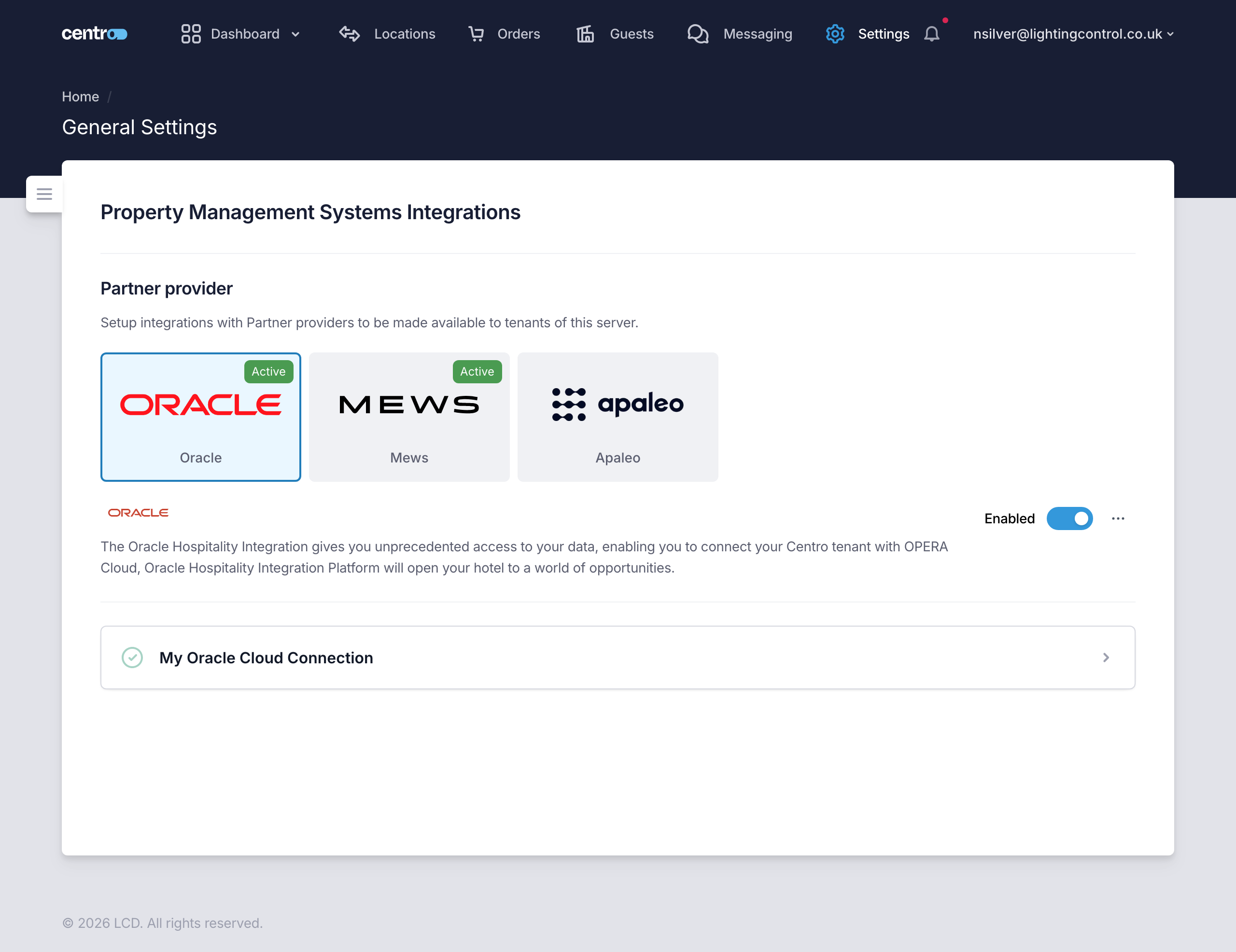 The Property Management Systems Integrations page with Oracle, Mews and Apaleo providers