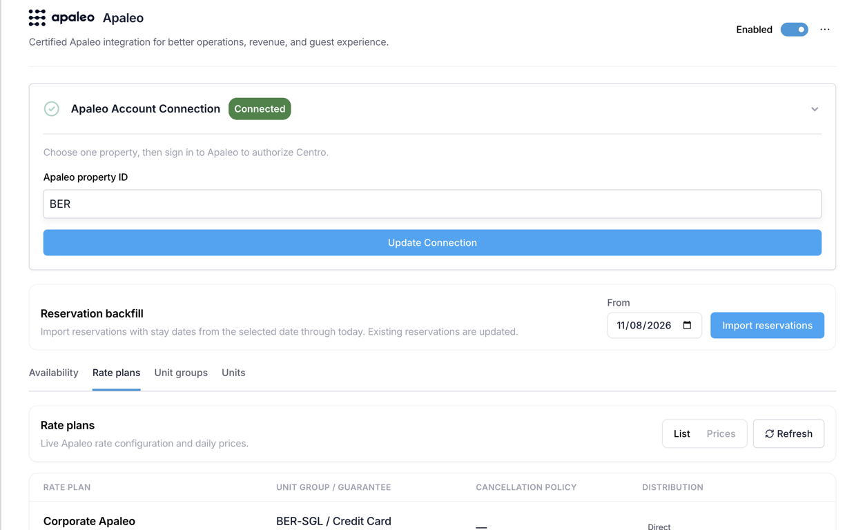 The Rate plans tab in List view, with the rate plan, unit group and guarantee, cancellation policy and distribution